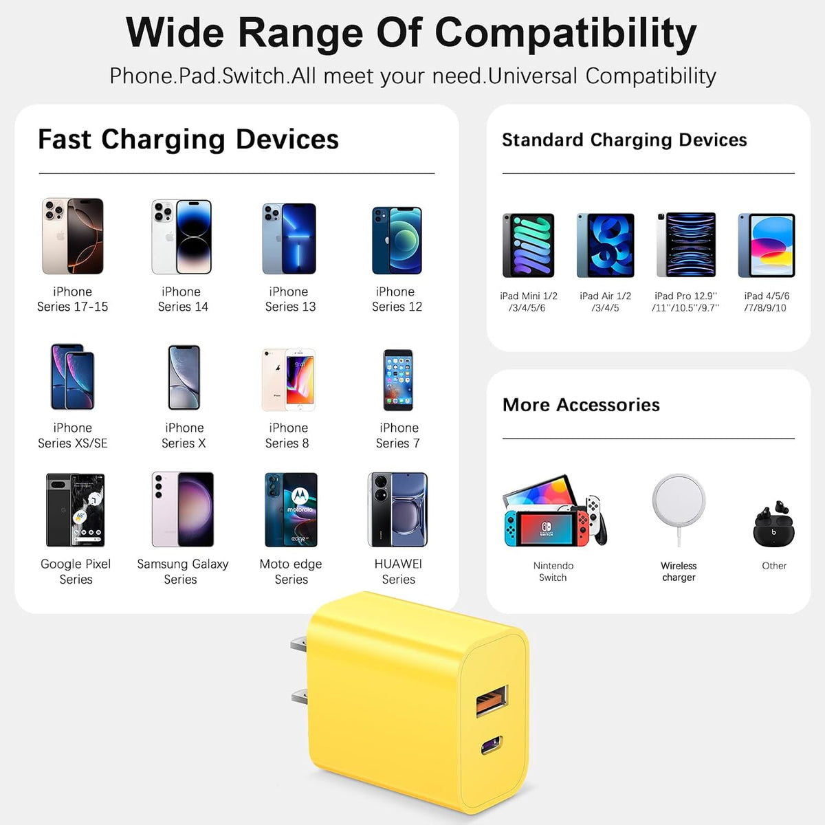 iPhone 17 16 15 Charger Fast Charging USB C Charger Block Type C Chargers Charging Block with 3 Pack 10FT Cable for iPhone 17/17 Plus/17 Pro Max/16/16 Plus/16 Pro Max/15 Pro Max/iPad Pro(Yellow)
