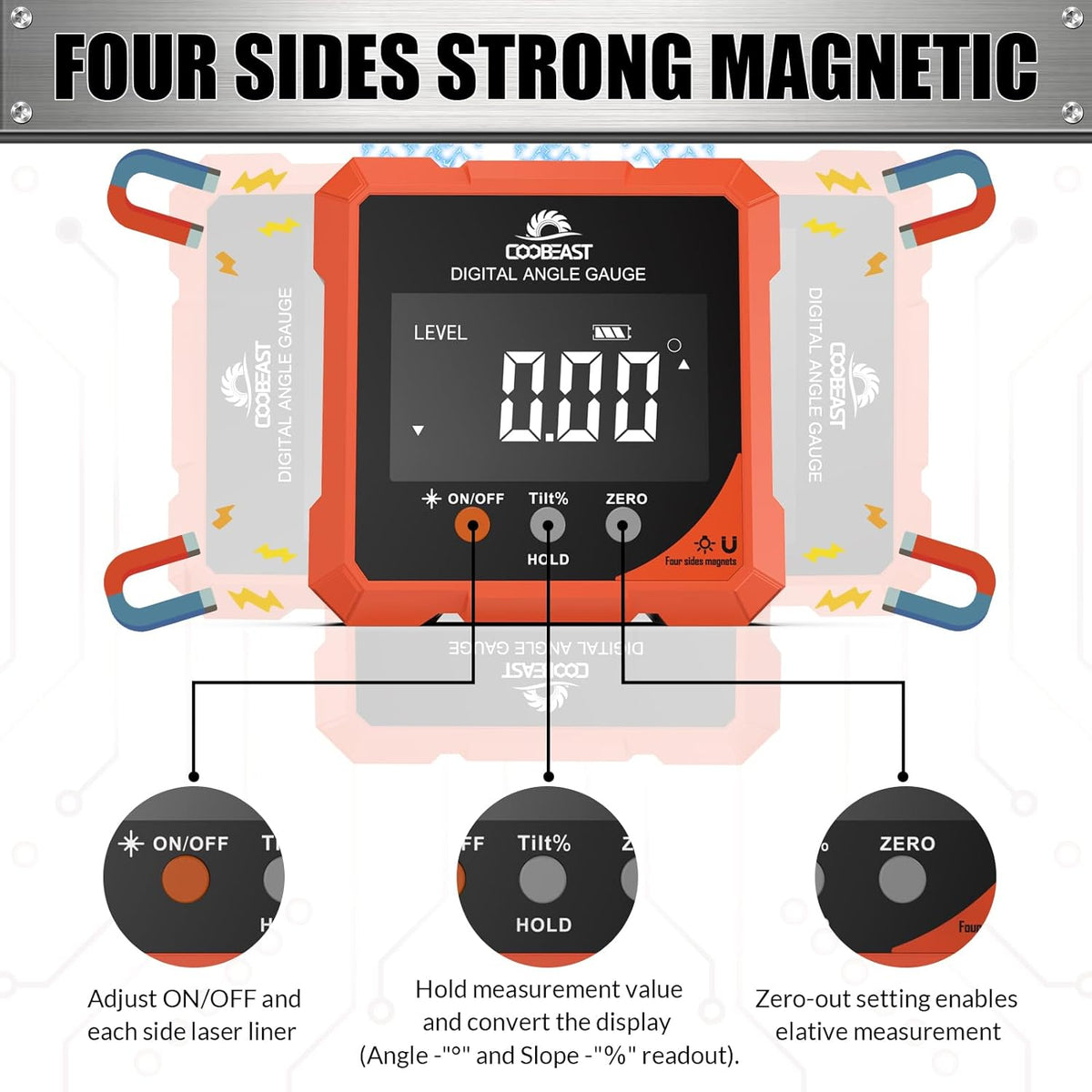 Coobeast Digital Angle Finder with Dual Laser 4-side Magnetic Angle Gauge | Magnetic Laser Level Measuring Tool with Electronic Laser Inclinometer Backlight for Woodworking Table saw Miter Orange