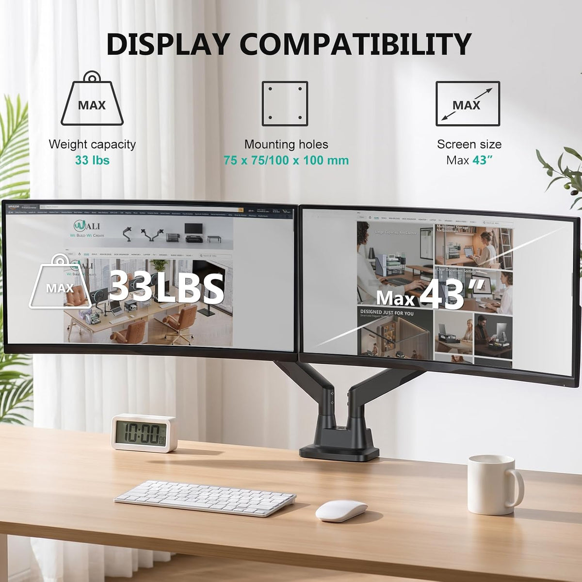 WALI Longer Dual Monitor Arm for 13-43 inch Curved Screens, 33 lbs per Arm