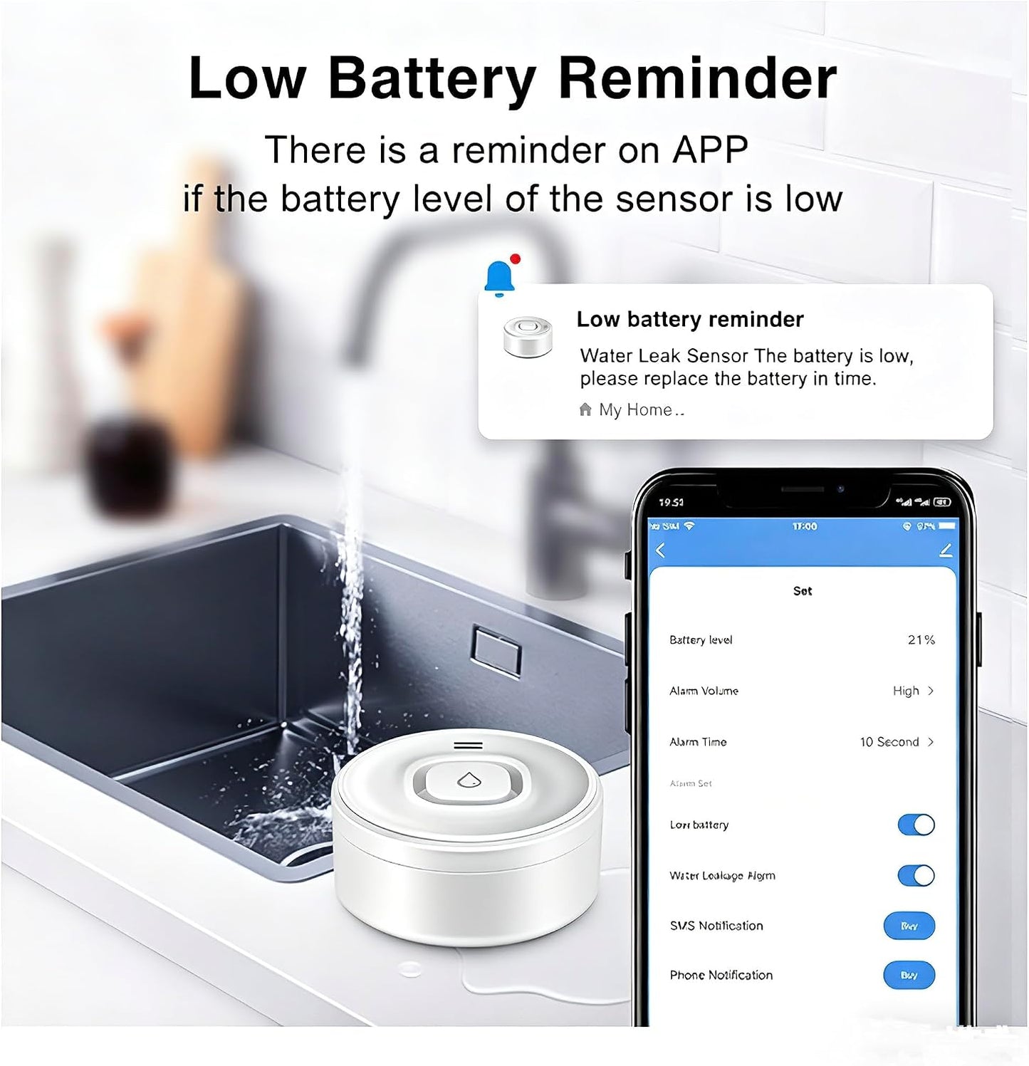 Wi-Fi Water Leak Detector, 100dB Adjustable Audio Alarm Sensor, Sensitive Leak & Drip Alert with Remote Email & APP Notification, for Home and Basement 1PC