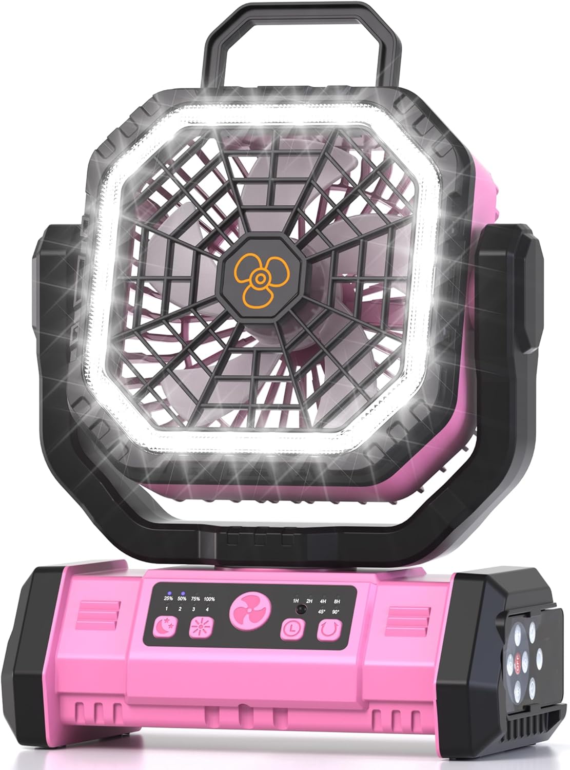 Honesorn 20000mAh Battery Operated Fan with LED Light & Remote, Pink | Up to 60H Runtime, 11-Inch, 45°/90°Oscillating, Hanging Hook, 4 Speeds, 8H Timer, USB-C Charging, for Tent, Travel, Outdoor