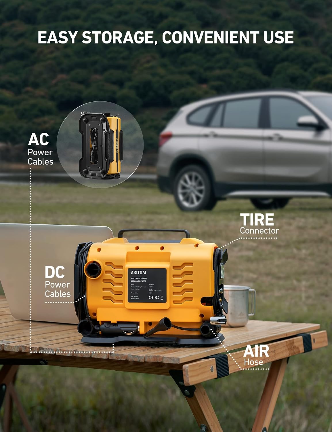 AstroAI Tire Inflator Portable Air Compressor, 12V DC/120V AC Dual Power | Fast-Inflating Air Pump with Dual Metal Motors, 150PSI Digital Gauge for Car, SUV, Bike Tires & Air Mattresses, Yellow