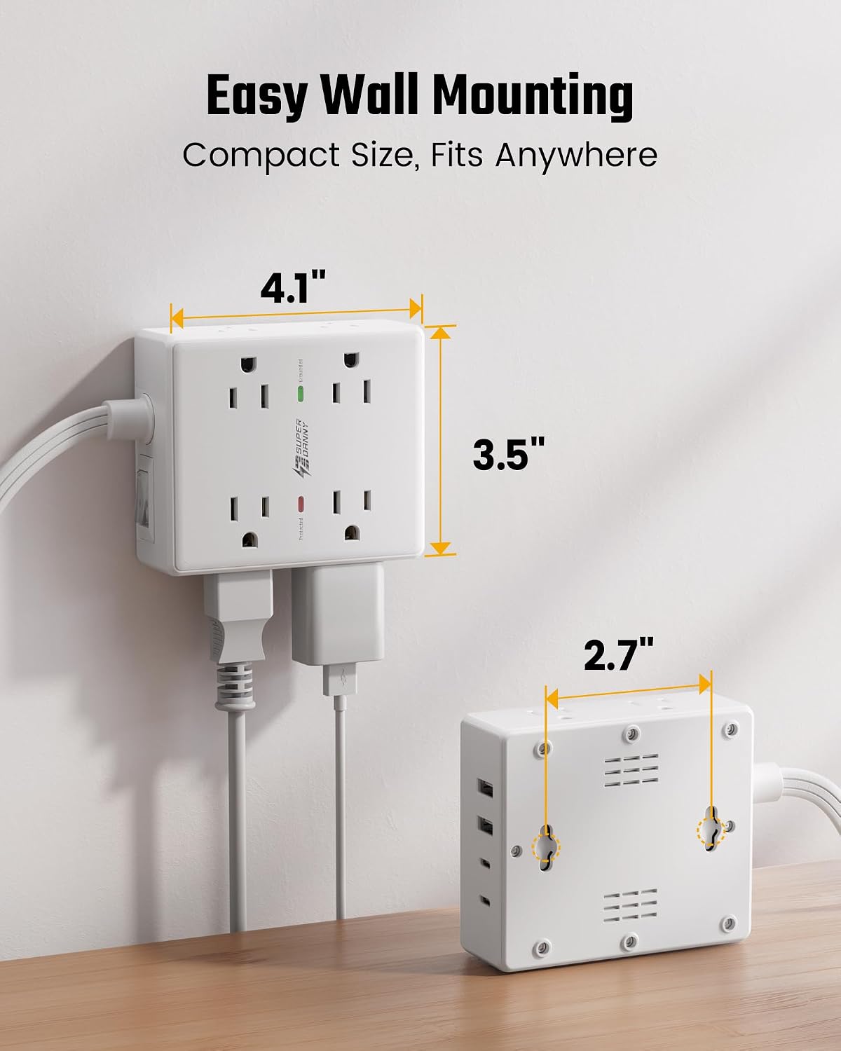 SUPERDANNY Extension Cord,Flat Plug Surge Protector Power Strip,10Ft | 8 AC & 4 USB Ports (2 USB C),Surge Protector with 1050J,Desk Charging Station for Home Office,College Dorm Room Essentials