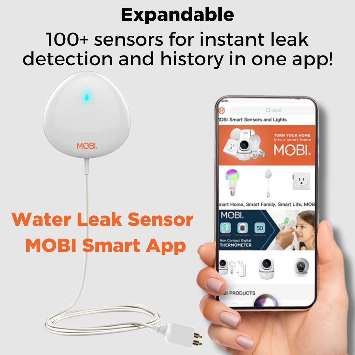 MOBI Smart WiFi Water Leak Detector Sensor (2 Pack), App Alerts, Flood & Leak Alarm, 48” Extension Probe, No Hub Required, 24/7 Monitoring for Basement, Kitchen, Bathroom