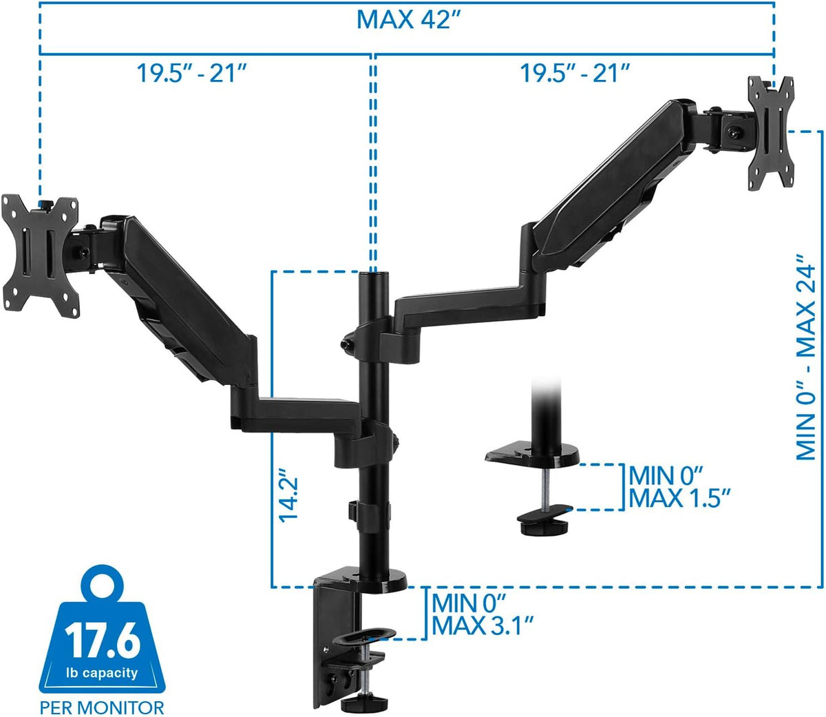 Mount-It! Dual Monitor Arm Desk Mount for 17–32" Screens, Gas Spring Adjustable Monitor Stand, Vertical Stack or Side-by-Side Setup, 17.6 lbs Each Arm, VESA 75x75 100x100, Clamp & Grommet Base MI-4762