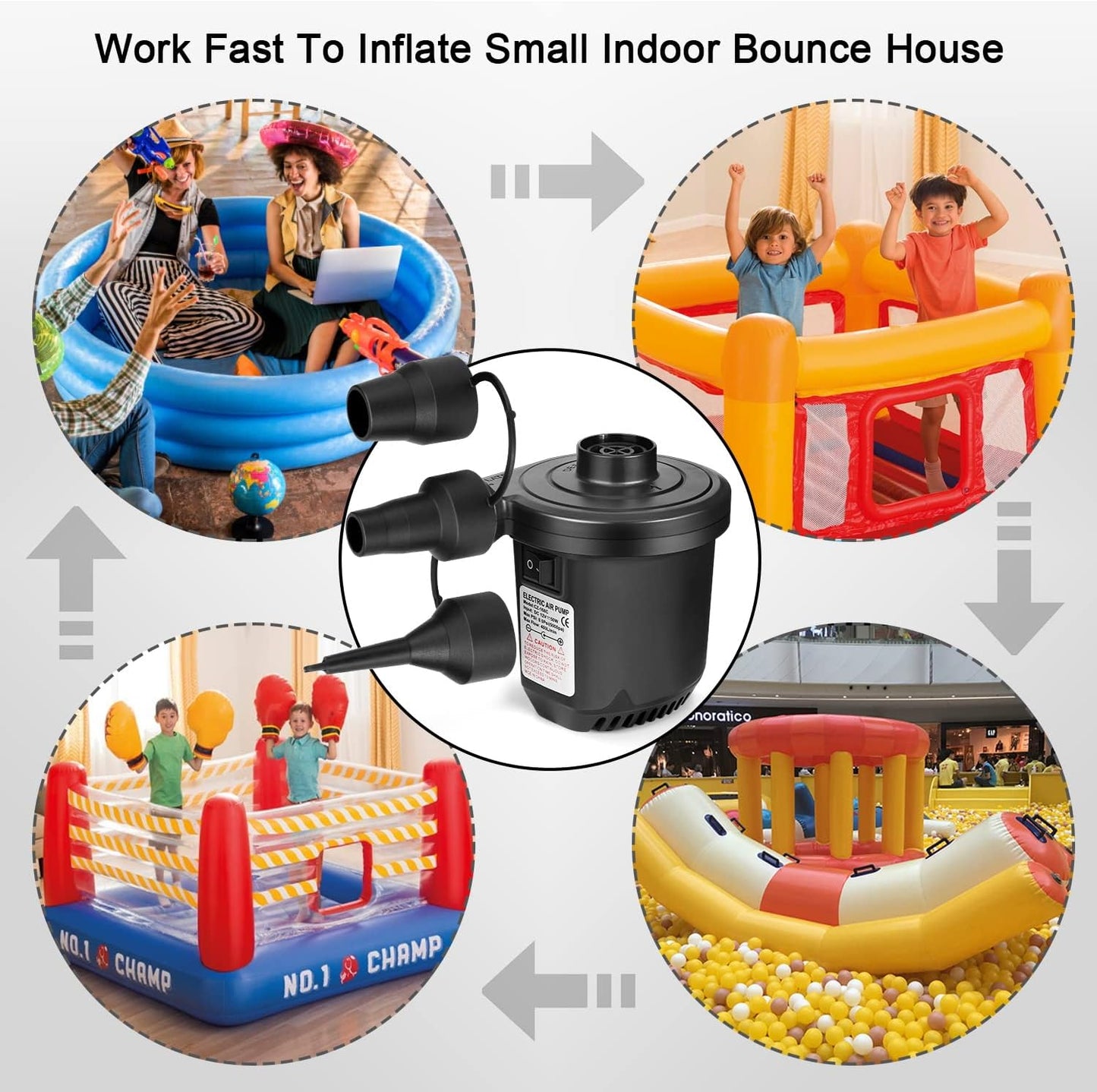 Air Pump for Inflatables, Portable Quick-Fill Electric Air Mattress Pump with 3 Nozzles, Inflator & Deflator Pumps for Outdoor Camping, Pool Floats, Inflatables Couch, Swimming Ring, 12V DC/110V AC