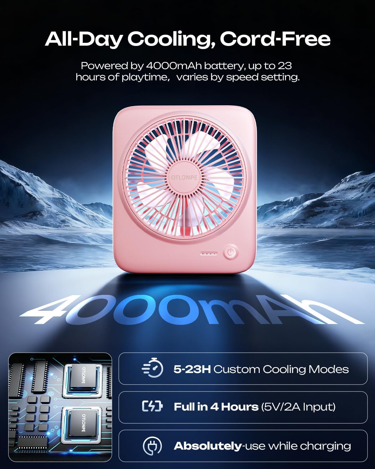 Otlonpe Personal Portable Desk Fan, 4000mAh Small Rechargeable Portable Fan Battery Operated & USB Powered for Travel Sleeping Bedroom Office Home Table, Cordless, Quiet, 4-Speed, 6.5 Inch (Pink)