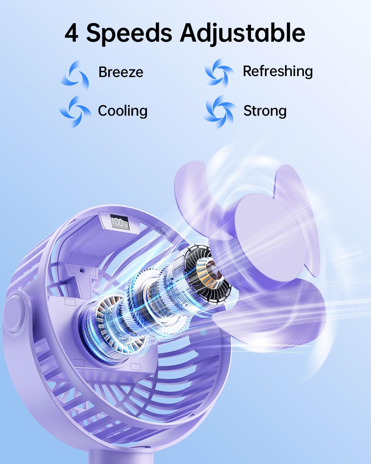 SWEETFULL Portable Stroller Fan with LED Display, 4 Speed Rechargeable Mini Clip On Fan, Built-in Non-Removable Rechargeable Battery,Sealed housing