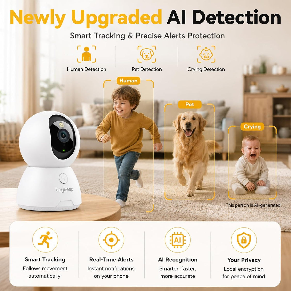 4K Indoor Cameras for Home Security, Pet Camera with Phone App, Indoor Security Camera with AI Human & Pet Detection, 360° Pan Tilt, Auto Tracking, Night Vision, Two-Way Audio, Compatible with Alexa