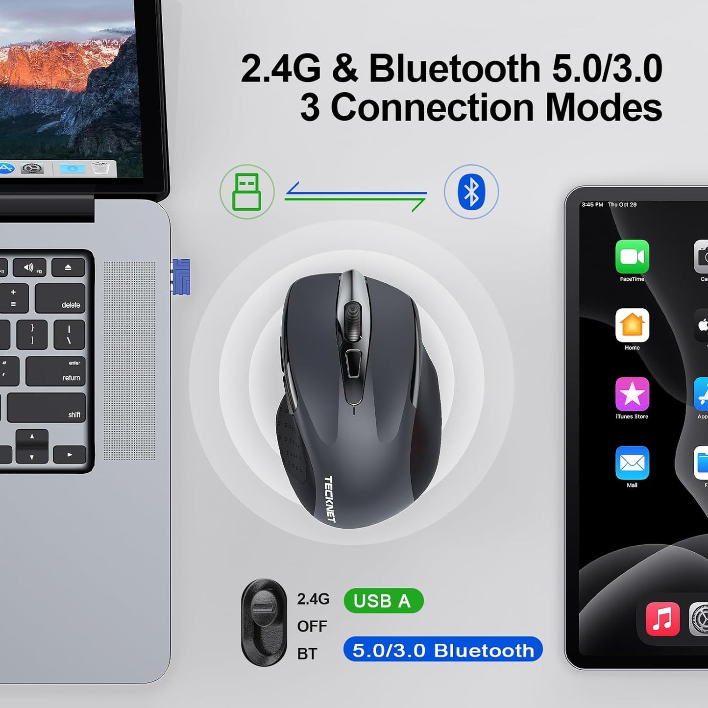 TECKNET Wireless Mouse, BT 5.0/2.4G, Silent 4800 DPI 6 Buttons, Grey | Bluetooth 5.0/3.0 & USB A, 2-Device Easy Switch, Wide OS Compatible, 6-DPI, Ergonomic for S/M Hands, Extended Battery