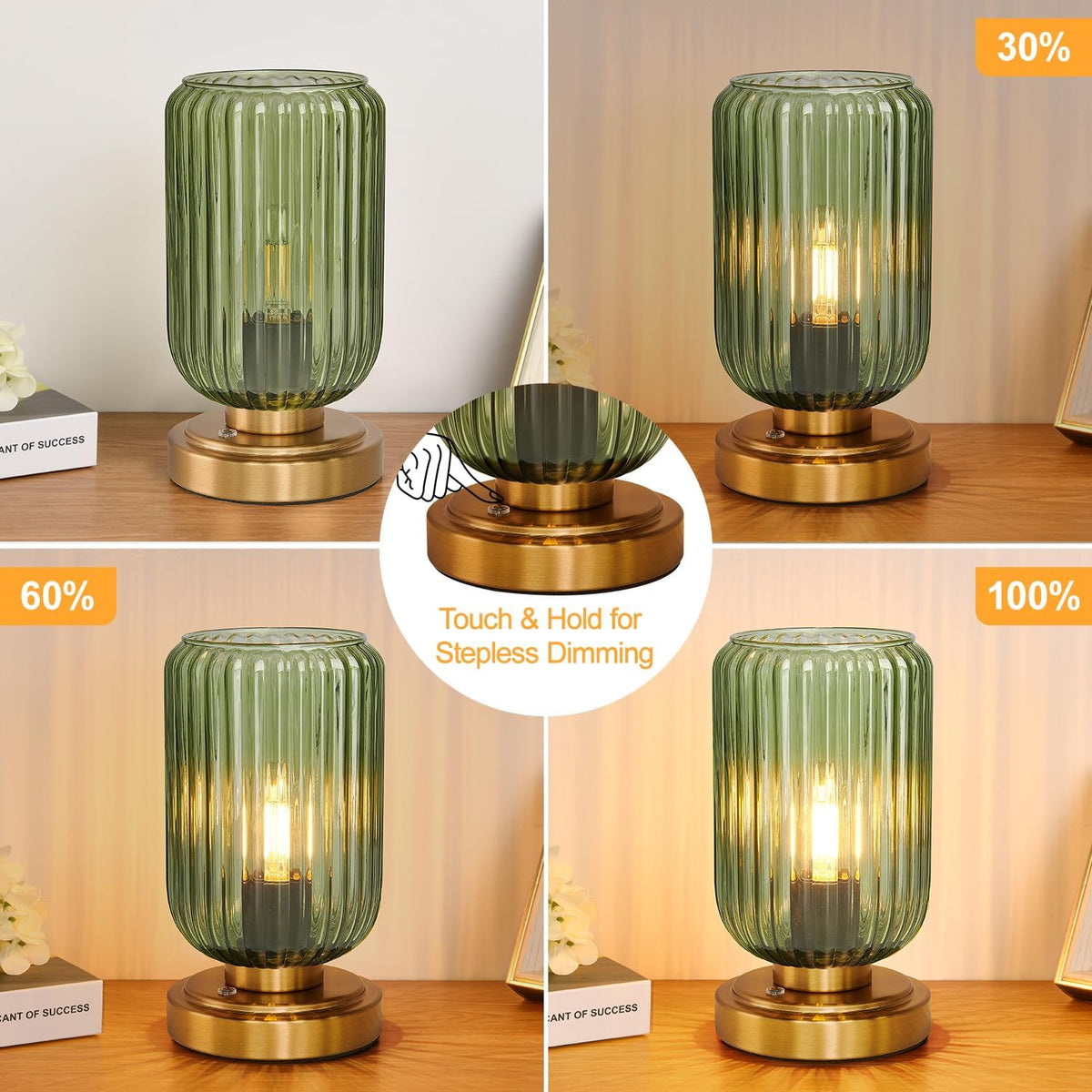 LightRound Cordless Table Lamp for Bedroom, 7500mAh Rechargeable Battery Operated Lamp, Modern Touch Dimmable Wireless Lamp Gold Base Green Glass Shade for Living Room, Desk, Led Bulb Included