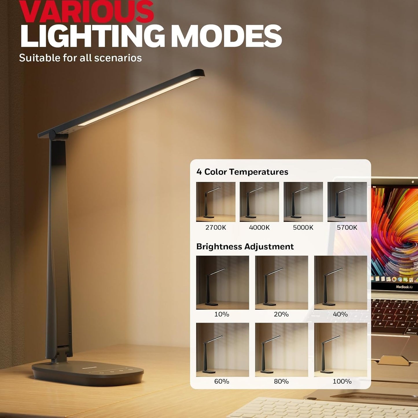 Honeywell HWT-H2 LED Desk Lamp for Home Office, CRI94 Full Spectrum Eye-Caring Light, Dimmable Table Lamp with USB-A & USB-C Charging Ports, Foldable Touch Control Reading Lamp, Black