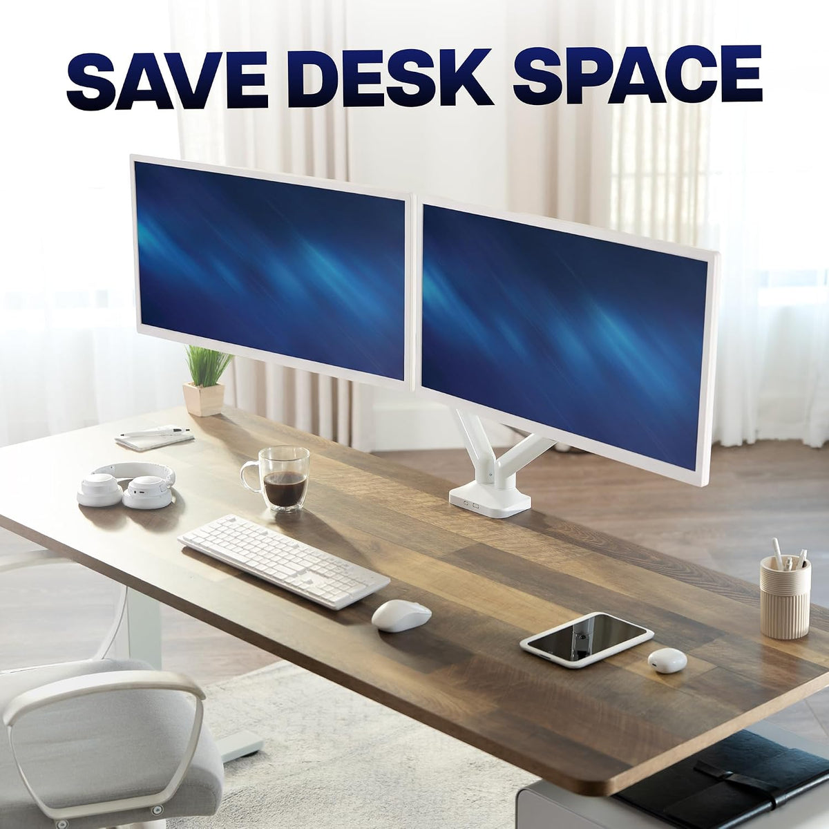 VIVO Dual Pneumatic Arm Ultra-Wide Monitor Mount for up to 35 inch Screens, Holds 26.4 lbs per Arm, Desk Mount Monitor Stand for 2 Ultrawides, White, STAND-V200OW