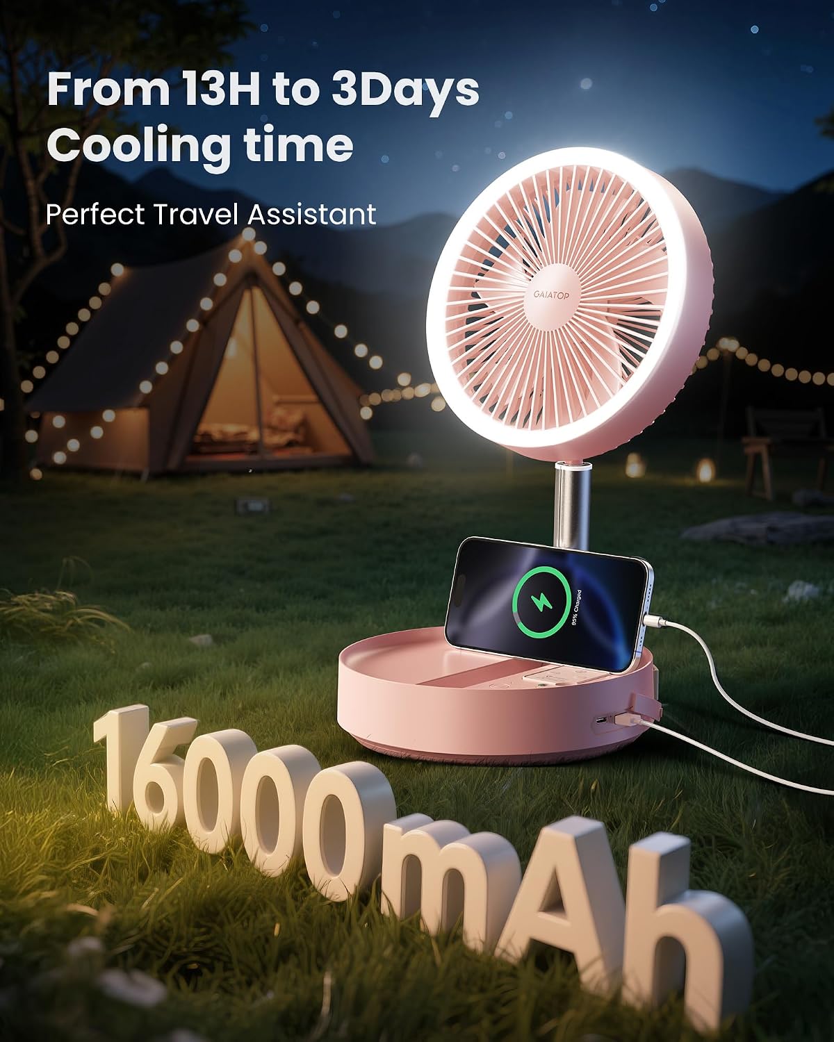 Gaiatop Portable Pedestal Fan 16000mAh Battery [Max 74h Runtime], Foldable Oscillating Standing Fan, Collapsible Desk Fans, LED Light, Case & Remote Control, 4 Speeds for Outdoor Travel Camping (Pink)