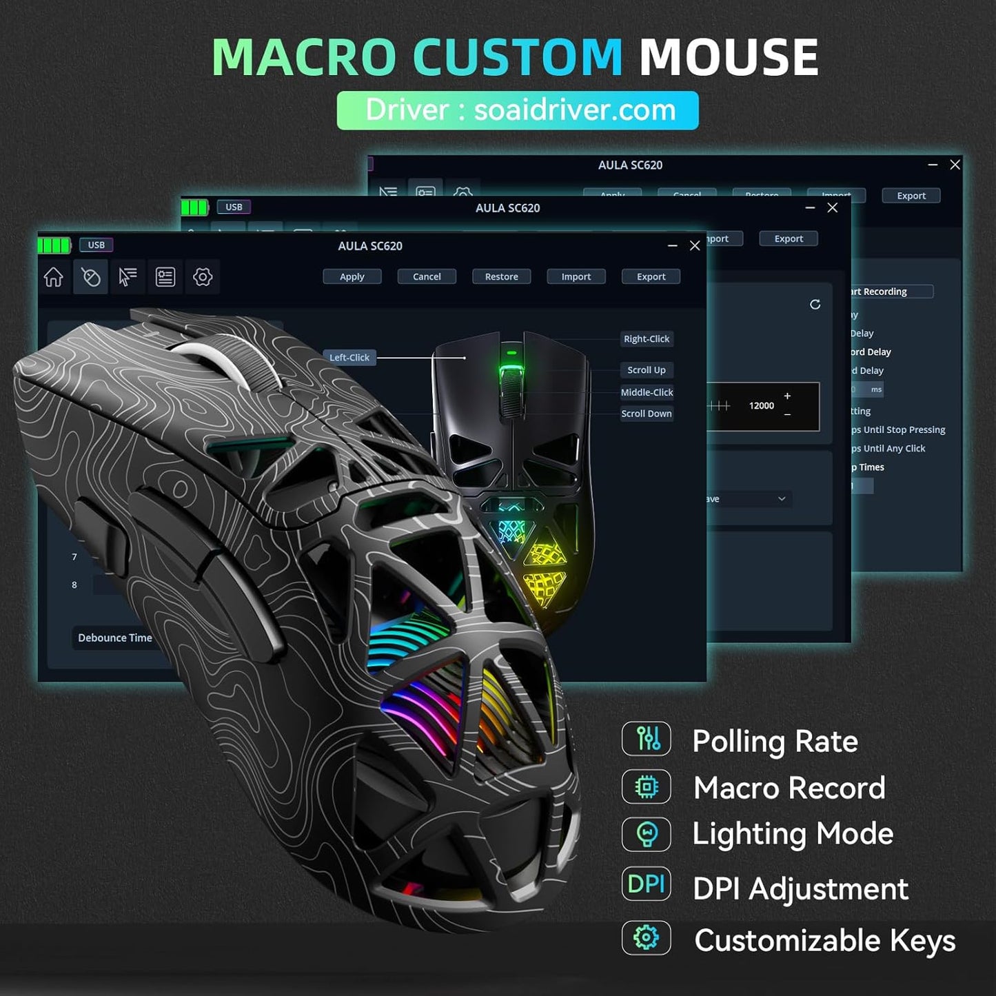 Aula SC620 Wireless Gaming Mouse, Tri-Mode 2.4GHz/USB-C/BT5.3 Computer Mouse with 12000 DPI, Programmable Macro Gamer Mouse with Rapid Fire Key, RGB Light Gaming Mice for PC/Laptop/Mac