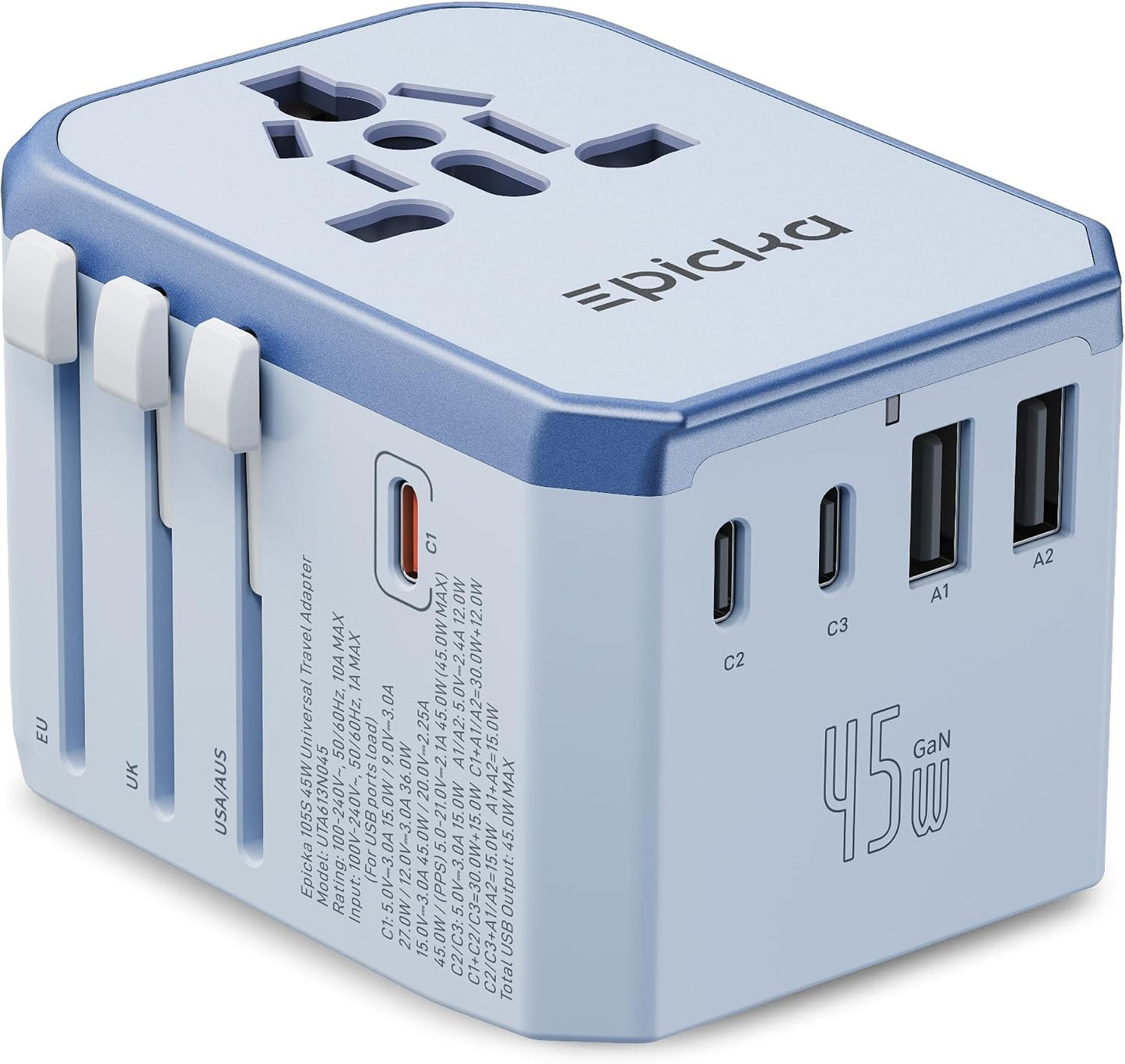 EPICKA 45W Universal Travel Adapter PD&QC, 1AC/4USB-C/1USB-A | Travel Plug Adapter for EU/US/UK/AUS, Fast Charging for Multi-Device, Not A Voltage Converter, TA-105S, Black