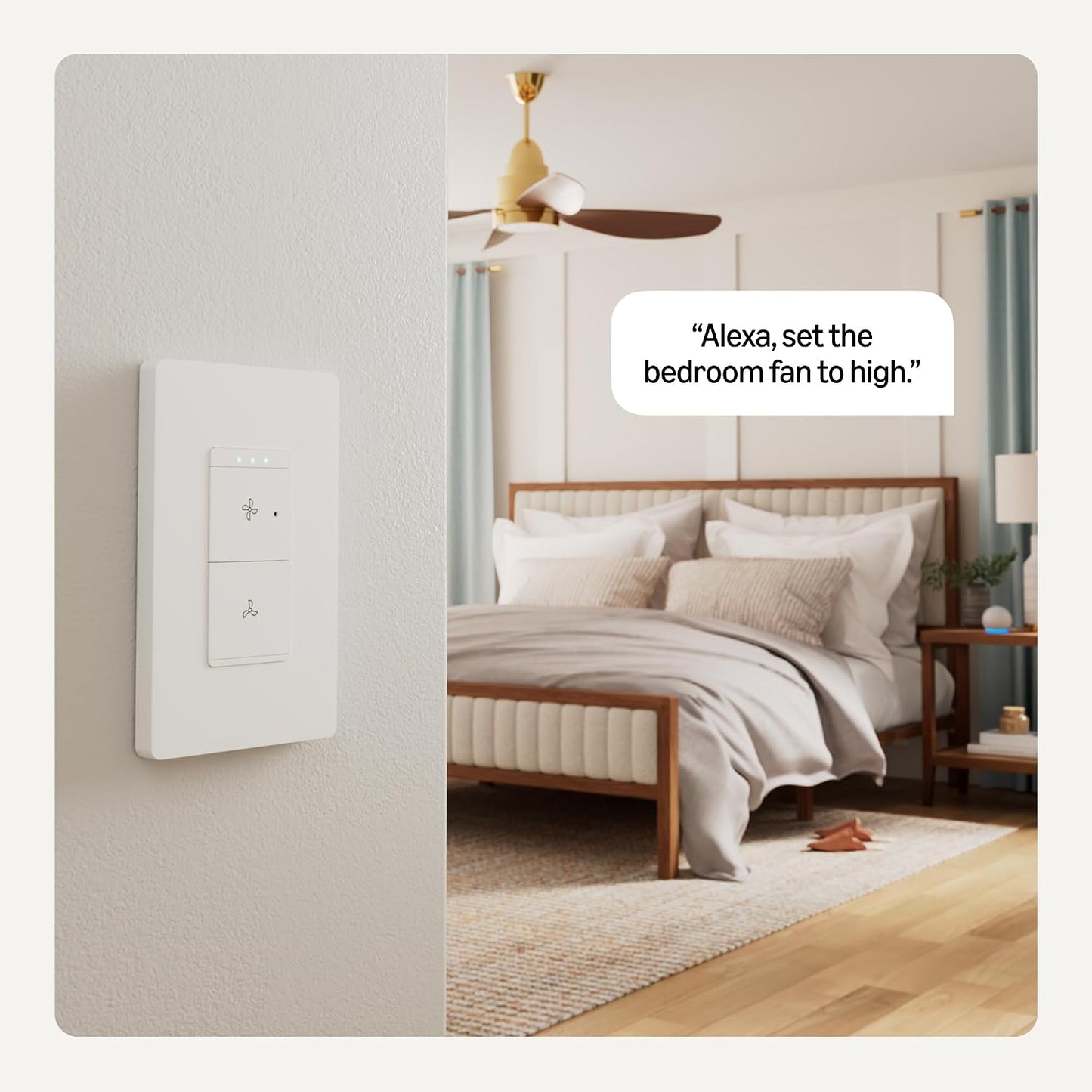 Amazon Basics Smart Ceiling Fan Control Switch, 4-Speed, Single Pole, Voice Control, Works with Alexa Only, Control from Anywhere, 2.4 GHz Wi-Fi, No Hub Required, White