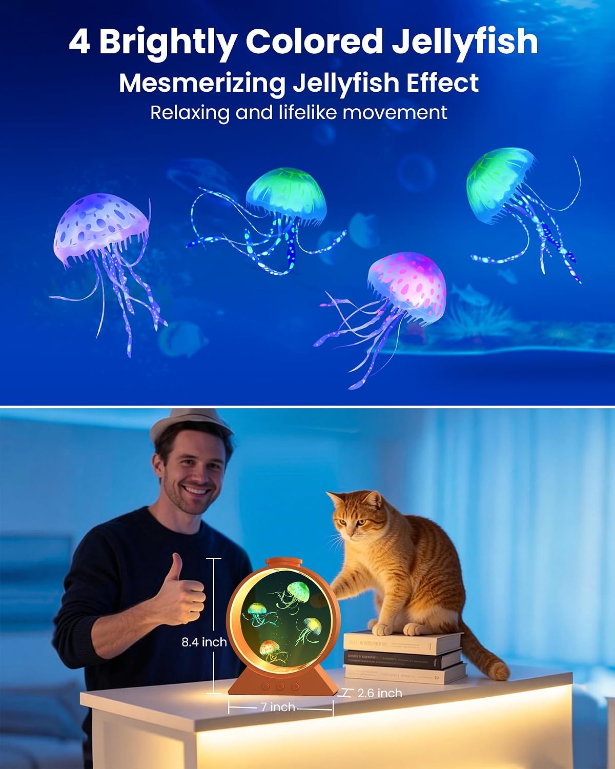 Jellyfish Lamp for Sleep Anxiety Calming Light for Bedroom(Cosmic Orange) | Whisper-Quiet Sensory | 7 Soft Color Modes | Adjustable Water Flow | 8H Auto-Off Timer | Rounded Tank Lamp Gift for All Ages