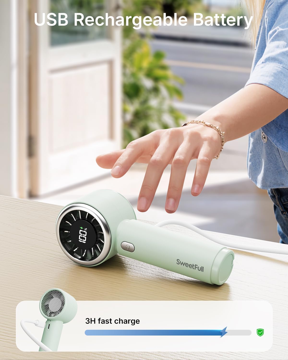 SWEETFULL Portable Handheld Fan, Mini Rechargeable Personal Hand Fan | Strong Airflow, Up to 12H, Pocket-Sized, 5 Speeds, Quiet Cooling Travel Essentials, Cute Gifts for Women, Girls, Lash, Makeup