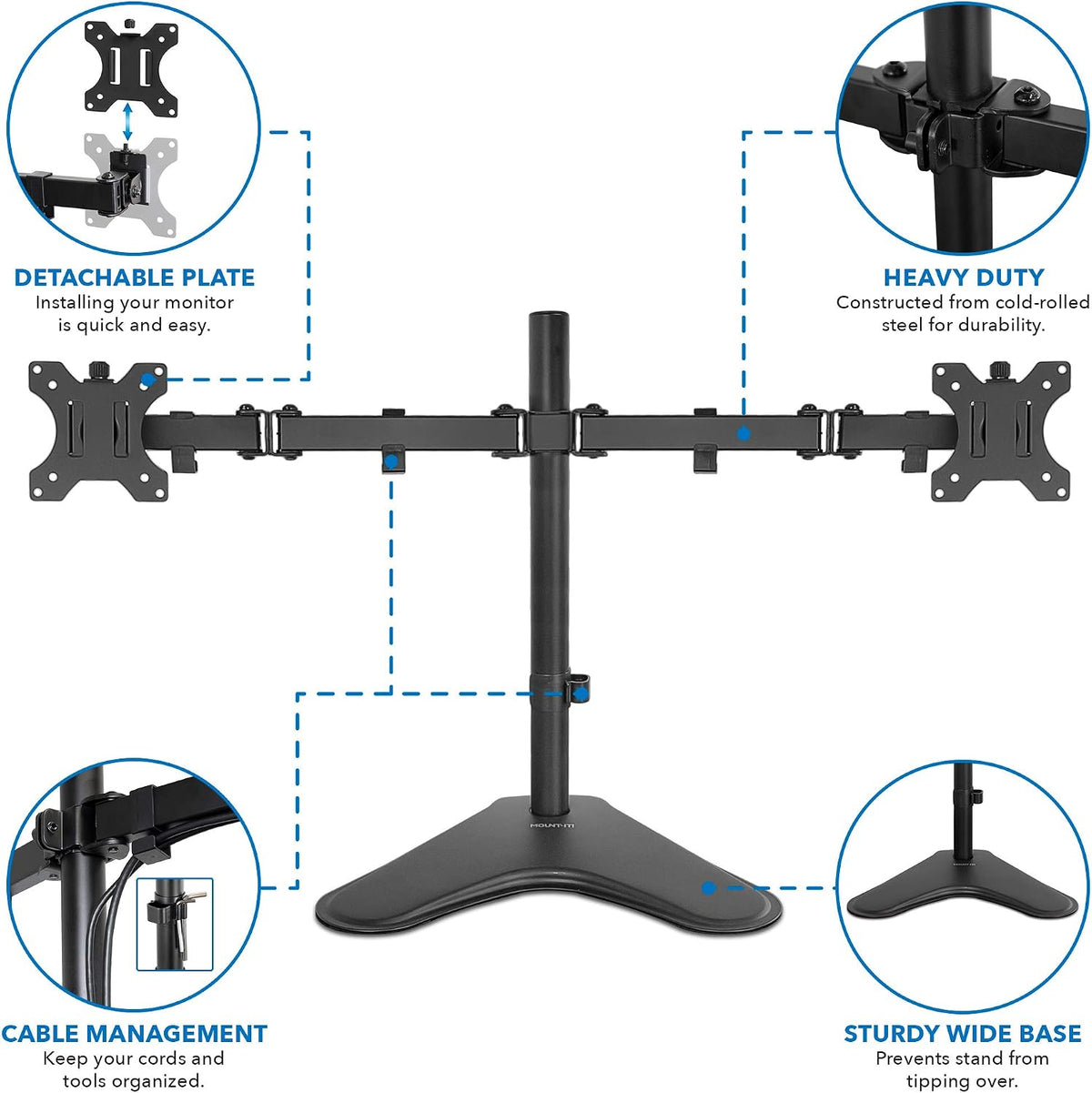 Mount-It! Dual Monitor Stand for Desk - Double Monitor Mount for 2 Screens up to 32 Inch and 17 Lbs - Free-Standing Base Swivel, Tilt, Rotates 360 Adjustable Arms - VESA Compatible High Grade Steel