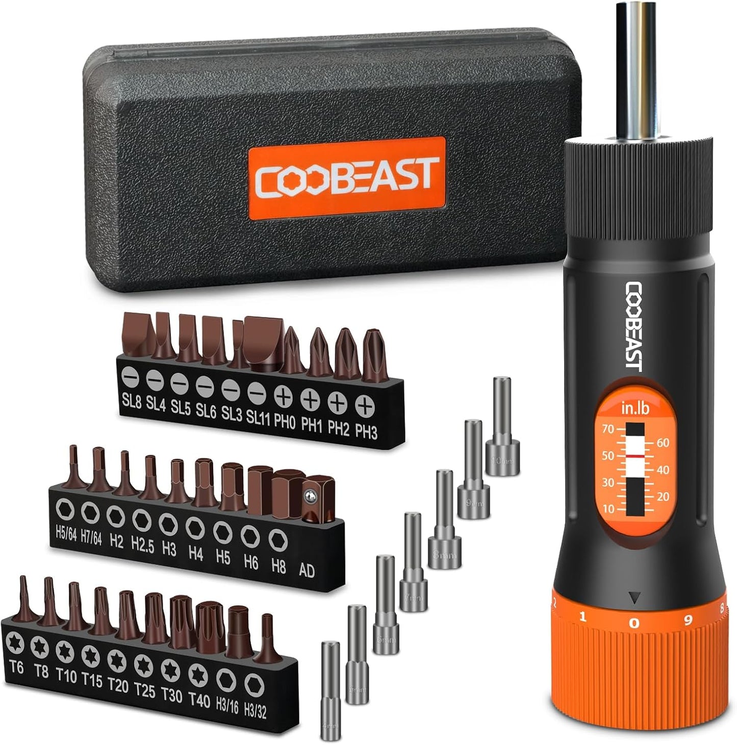 coobeast 49Pcs Preset 1/4” Drive Torque Screwdriver with S2 Bits | Torque Wrench Screwdriver Set, for Maintenance,Tools,Bike Repairing,Mounting,Inch Pound Torque Range 10-70 In-lb