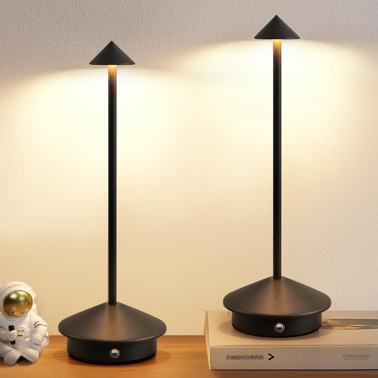 Modern Cordless Table Lamp Set of 2, Black Portable LED Desk Lamps | 5000mAh, Rechargeable, Battery Operated Lighting for Bedroom, Dining Room, Restaurant, Coffee Shop, Camping, Night Light