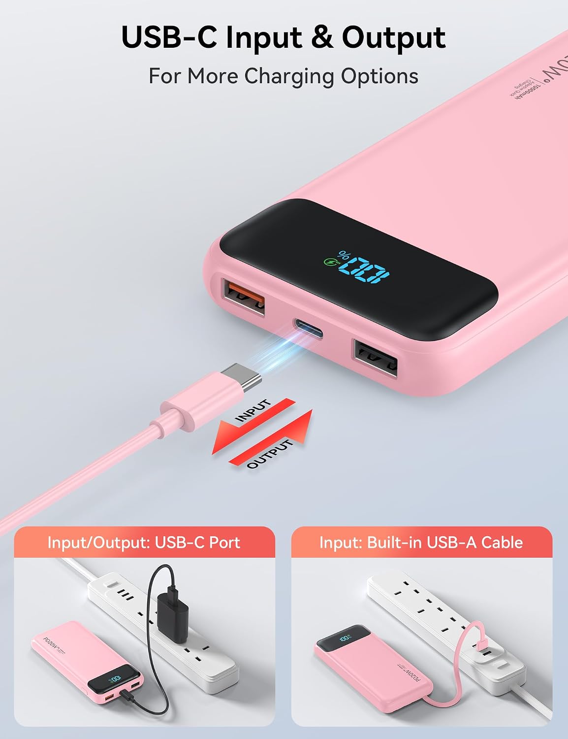 Nusyddy Portable Charger 10000mAh PD20W w/4 Built-in Cables/6 Outputs Pink | PD20W Fast Charging, LED Display, Pass Through Charging, Charge 6 Devices at once, TSA Approved, Fits iPhone, iPad, Samsung