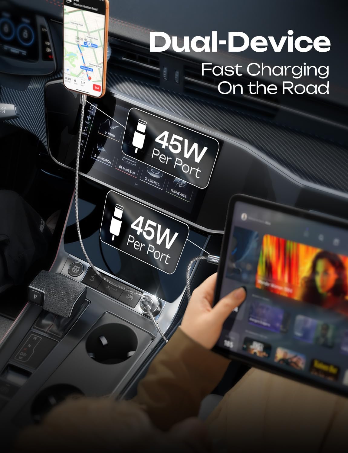 LISEN 90W Car Charger USB C Fast Charge,USB C Car Charger,Type C for iPhone | [with Lightning & USB-C Cable] Fast Car Charger for iPhone 17 Pro Max 16 15 14 13 12 11, Type C for Samsung S26 S25 S24
