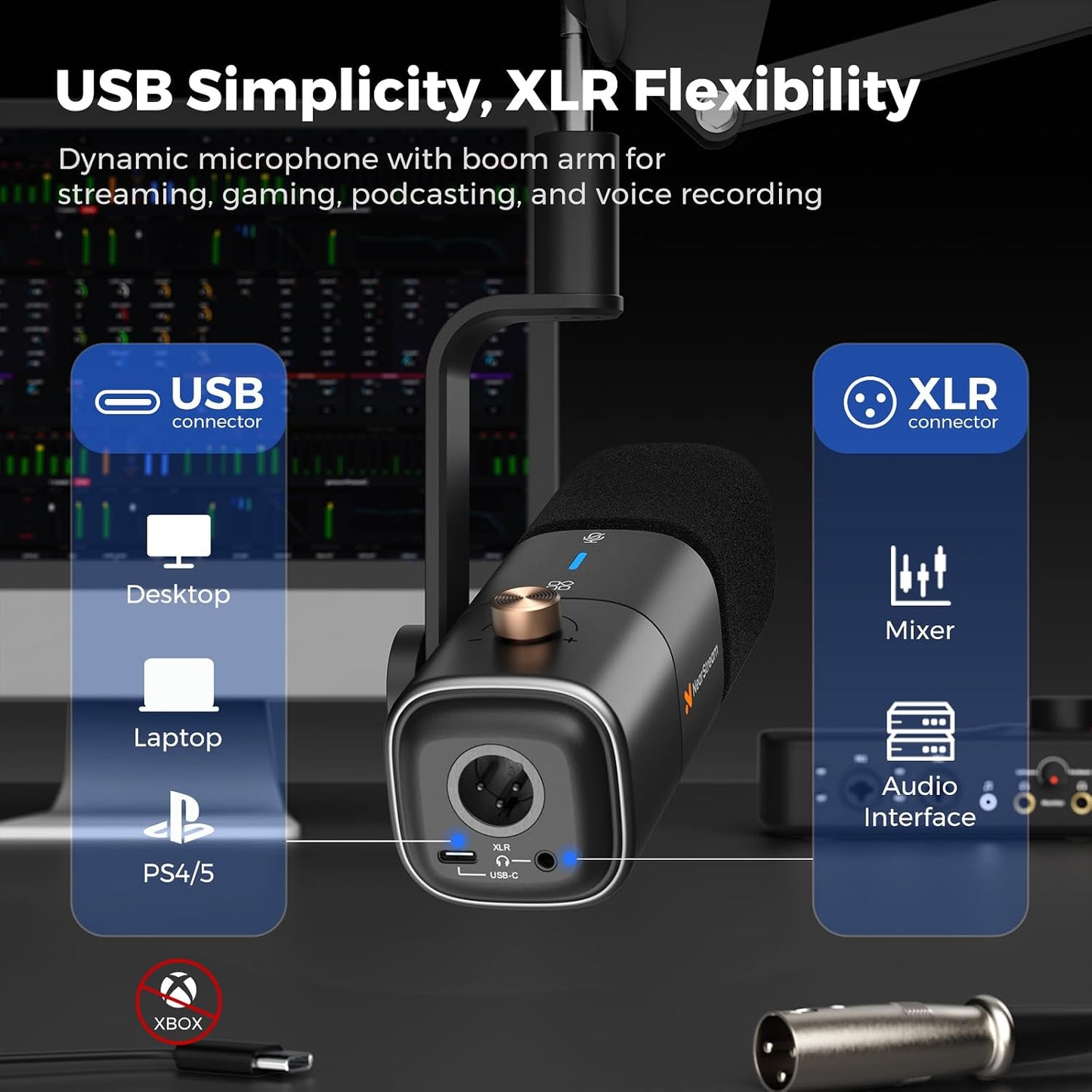 AM10X USB/XLR Dynamic Podcast Microphone with Boom Arm | Supercardioid Mic with AI Noise Cancellation, Mute, Gain and Monitoring, for PC, Audio Mixer, Podcasting, Streaming, Gaming