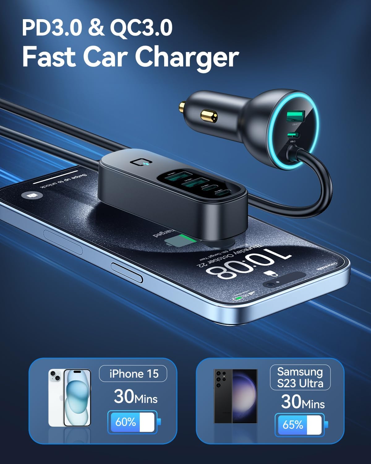 Rocoren 105W 6‑Port PD USB‑C Car Charger with 5FT Cable, Travel Essentials | Cigarette Lighter Adapter Powers Multiple Devices At Once, Car Accessory For Road Trips And Compatible With IPhone 17/16