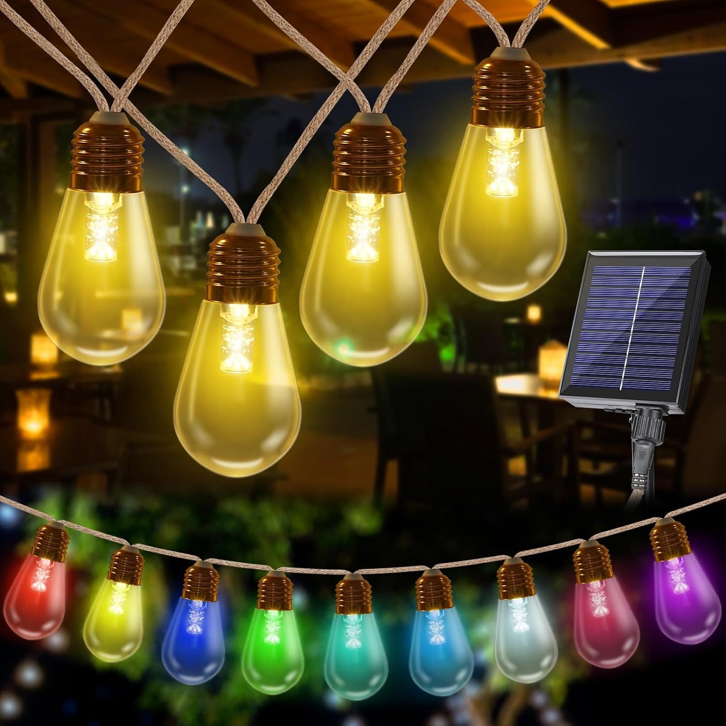 Solar Outdoor String Lights, 20Ft Vintage Rope Hemp Solar Patio Lights | Waterproof Warm White Solar Powered String Lights With 8 Modes 16 Shatterproof Bulbs for Garden Fence Stairs Balcony Bistro