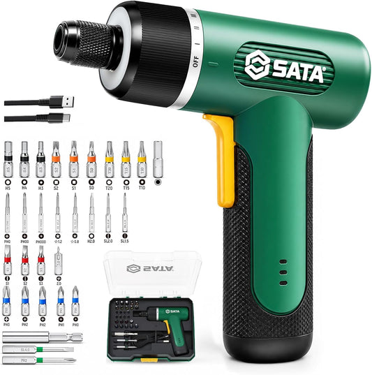 SATA 32-Piece Electric Screwdriver Set, 3.7V Cordless Screwdriver with 1/4" Hex Chuck, 2000mAh USB-C Rechargeable Battery, Up to 5N·m Torque for Furniture Assembly, Home Repair & Garage Projects