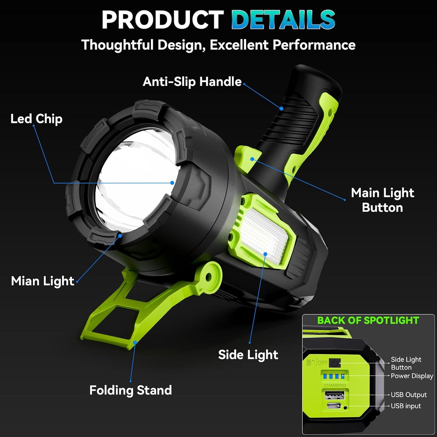 Rechargeable Spotlight，2000000 Lumens Super Bright LED SpotLights Flashlight, Spot Lights Long Runtime Waterproof ，Spot Light Outdoor Handheld with Cob Light & Foldable Tripod for Camping