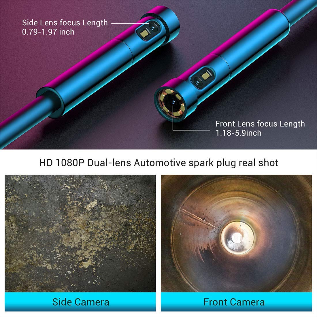 Dual Lens Endoscope with Light, 5.0mm Slim Snake Inspection Camera | 1080P HD Borescope for Android & iOS Tablet, IP67 Waterproof, 5FT Cable, Photo & Video, for Engine Wall Vents Automotive Tool