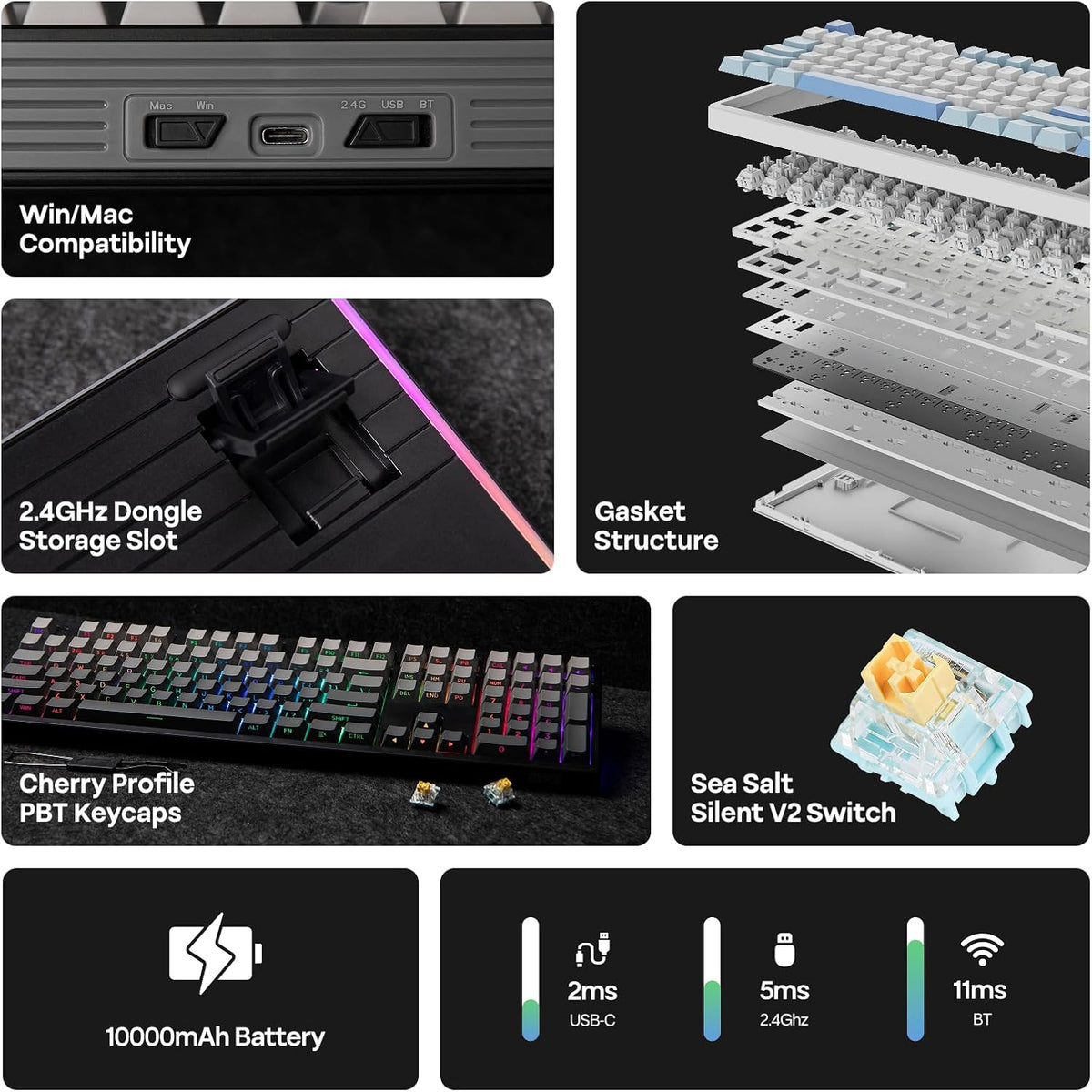 EPOMAKER TH108 Full Size Mechanical Keyboard, Wireless Gaming Keyboard with 10000mAh Battery, Creamy Gasket, 108 Keys, Hot Swap, Custom Driver, RGB Backlight (Black, Sea Salt Silent)
