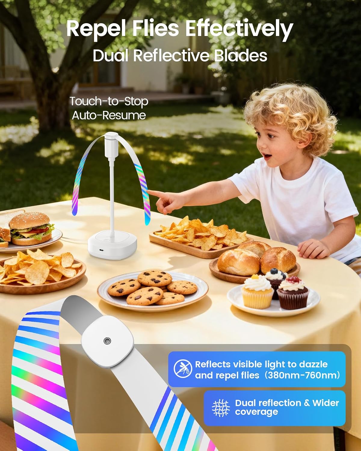 Edvision Fly Fans for Tables, 2000mAh Rechargeable Food Fan, 20H Runtime | Flexible Neck for 360° Coverage, Quiet Table Fan with Soft Safety Blades, Ideal for Party, Picnic, BBQ, Indoor & Outdoor Use