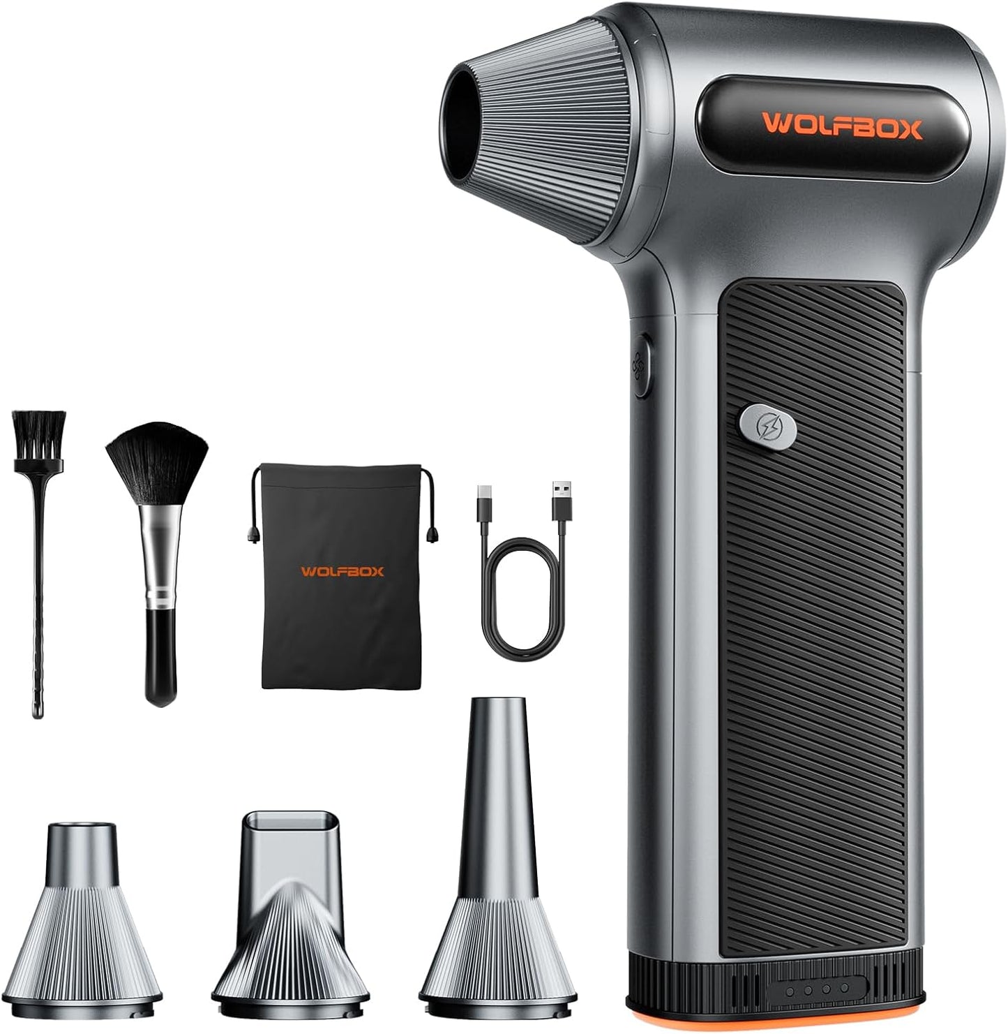 WOLFBOX MF200 Compressed Air Duster, Removable Battery, Car Cleaning, Home | 4 Nozzles, Cordless, 3-Speed Adjustable, Mini Blower, Computer Keyboard, Outdoor Use, 0.85 lb Portable, 2 Brushes