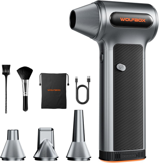 WOLFBOX MF200 Compressed Air Duster, Removable Battery, Car Cleaning, Home | 4 Nozzles, Cordless, 3-Speed Adjustable, Mini Blower, Computer Keyboard, Outdoor Use, 0.85 lb Portable, 2 Brushes