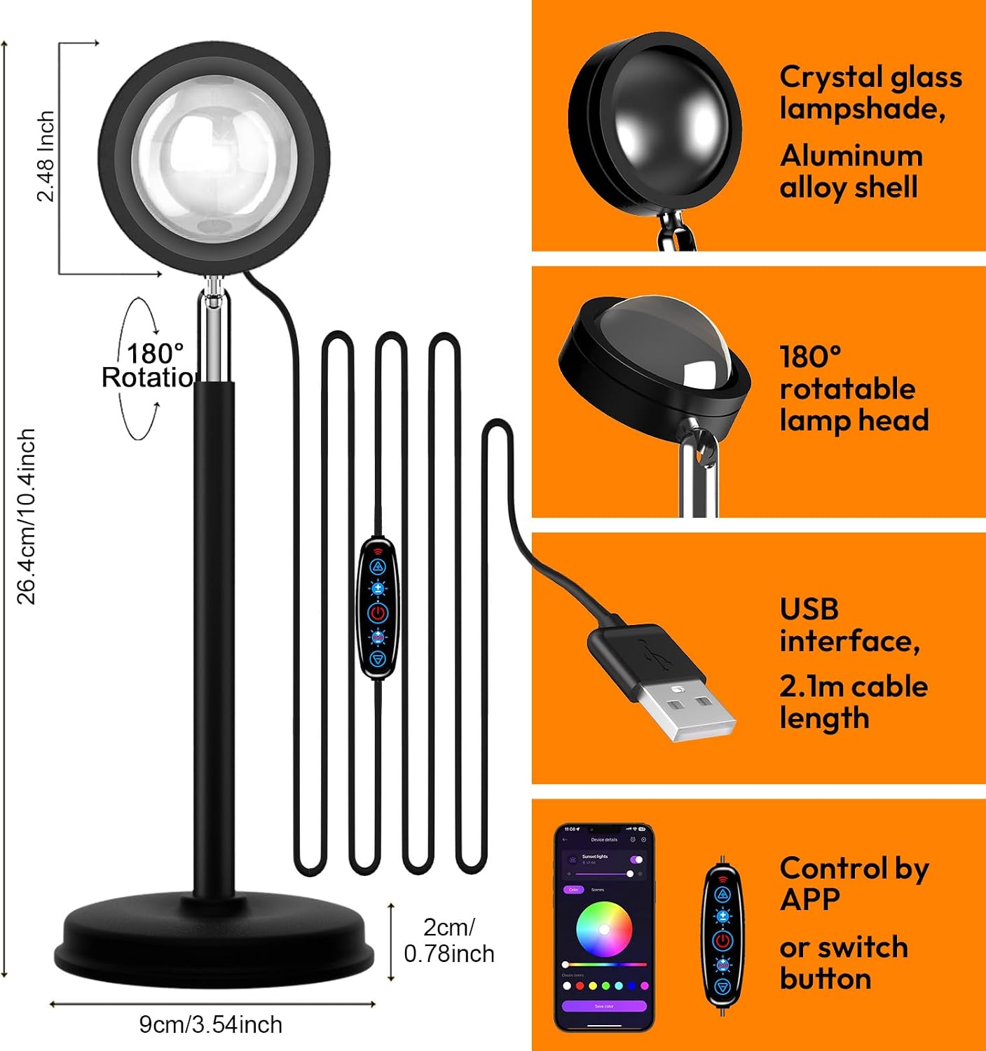 Sunset Lamp Projector with APP Control - 21 Color Changing LED Sunset Light, 180° Adjustable for Photography, Bedroom Decor, Party, Wedding, Mood Lighting