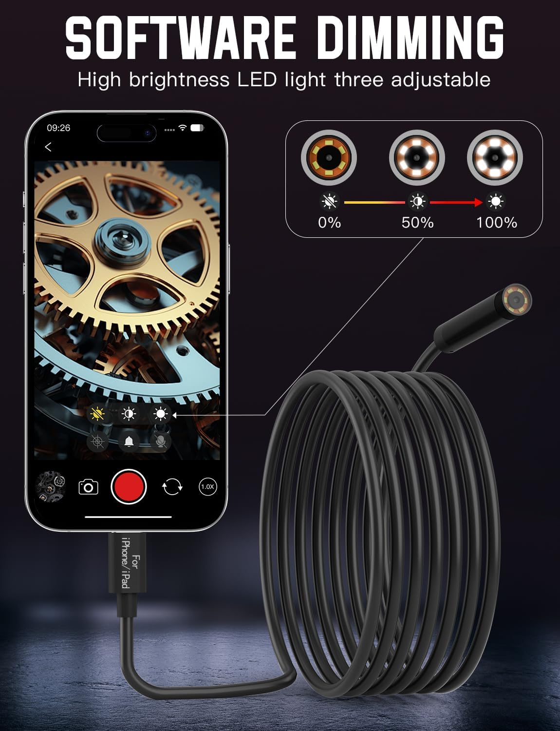 Endoscope Camera with Light,1920P HD Endoscope with 5.9ft Semi-Rigid,Endoscope Camera with 8 Adjustable LED Lights,7.9mm IP67 Waterproof