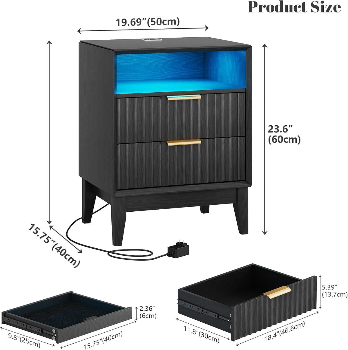 LVSOMT LED Nightstand Set of 2, RFID Lock, Charging Station, Black