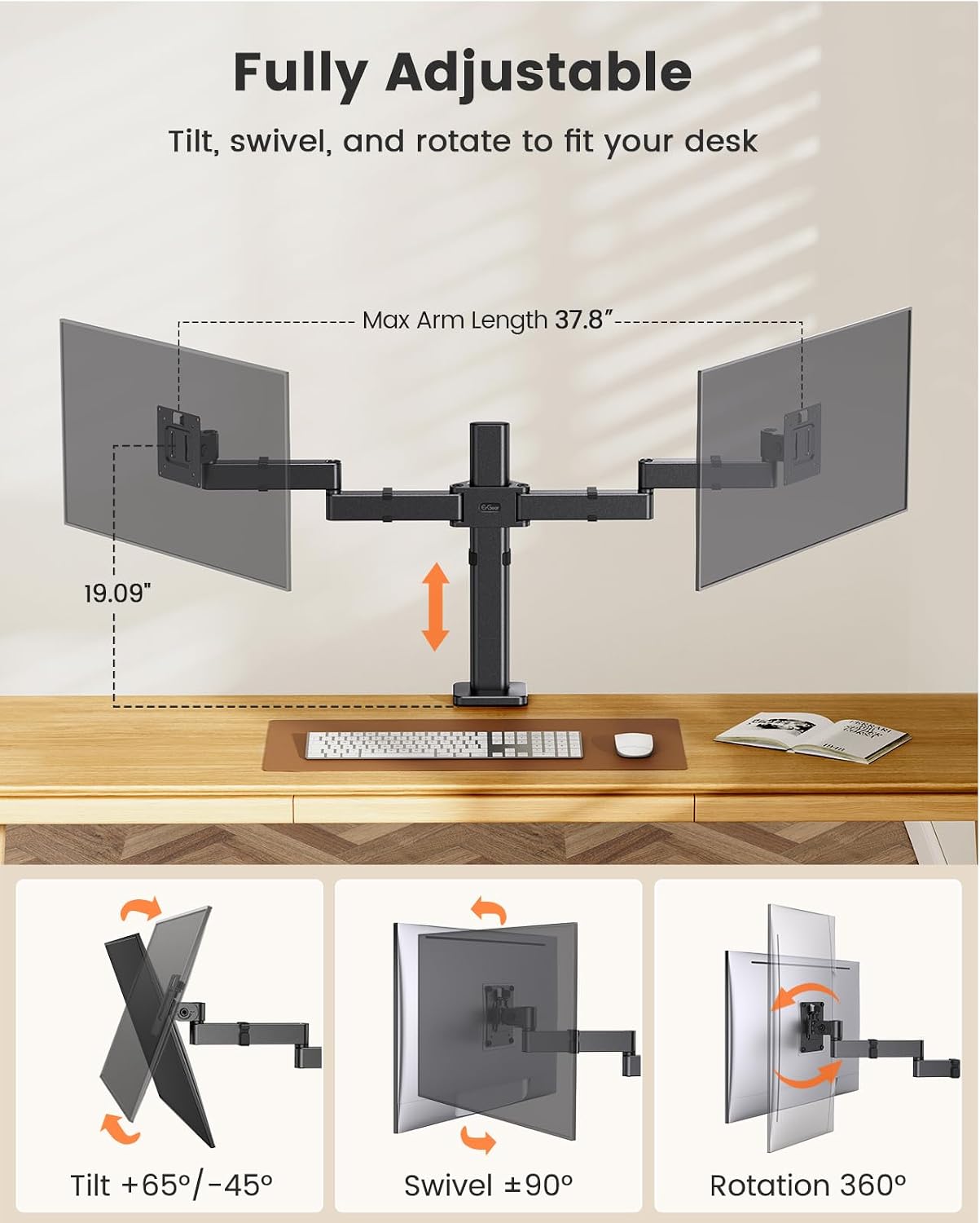 ErGear Dual Monitor Stand for 17-32 inch, Dual Monitor Mount with Adjustable Tilt, Swivel, Rotation, Tiered Arms for Extra Height, Supports 22 lbs per Arm