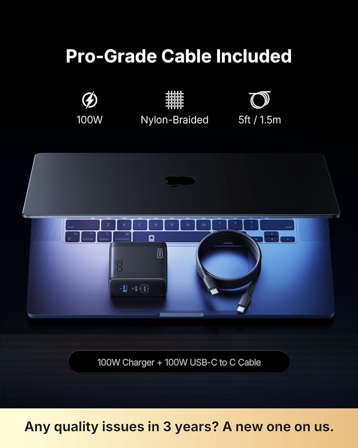 INIU 100W USB C Charger, 3-Port GaN Fast Charging Block with 5ft USBC Cable | 30% Smaller, Foldable Plug, GaN Tech, Multi Port, Travel Laptop Charger for MacBook Pro Air Neo, iPhone 17, Samsung, Dell etc