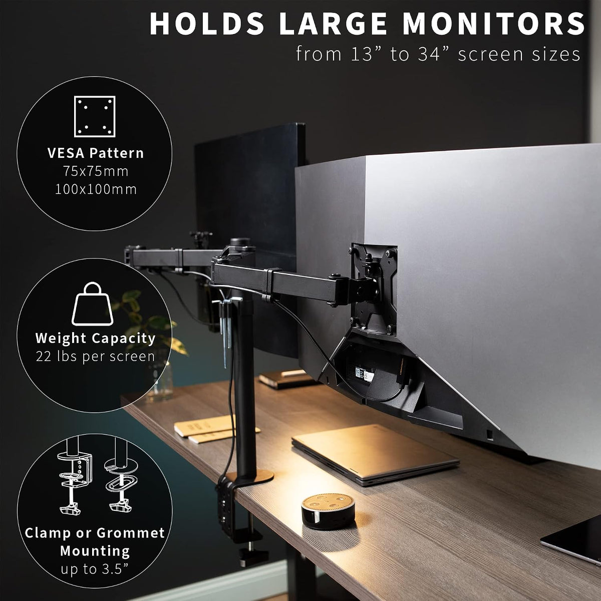 VIVO Full Motion Dual Monitor Desk Mount Clamp Stand VESA, Double Center Arm Joint, Holds 2 Screens up to 34 inches, STAND-V102D