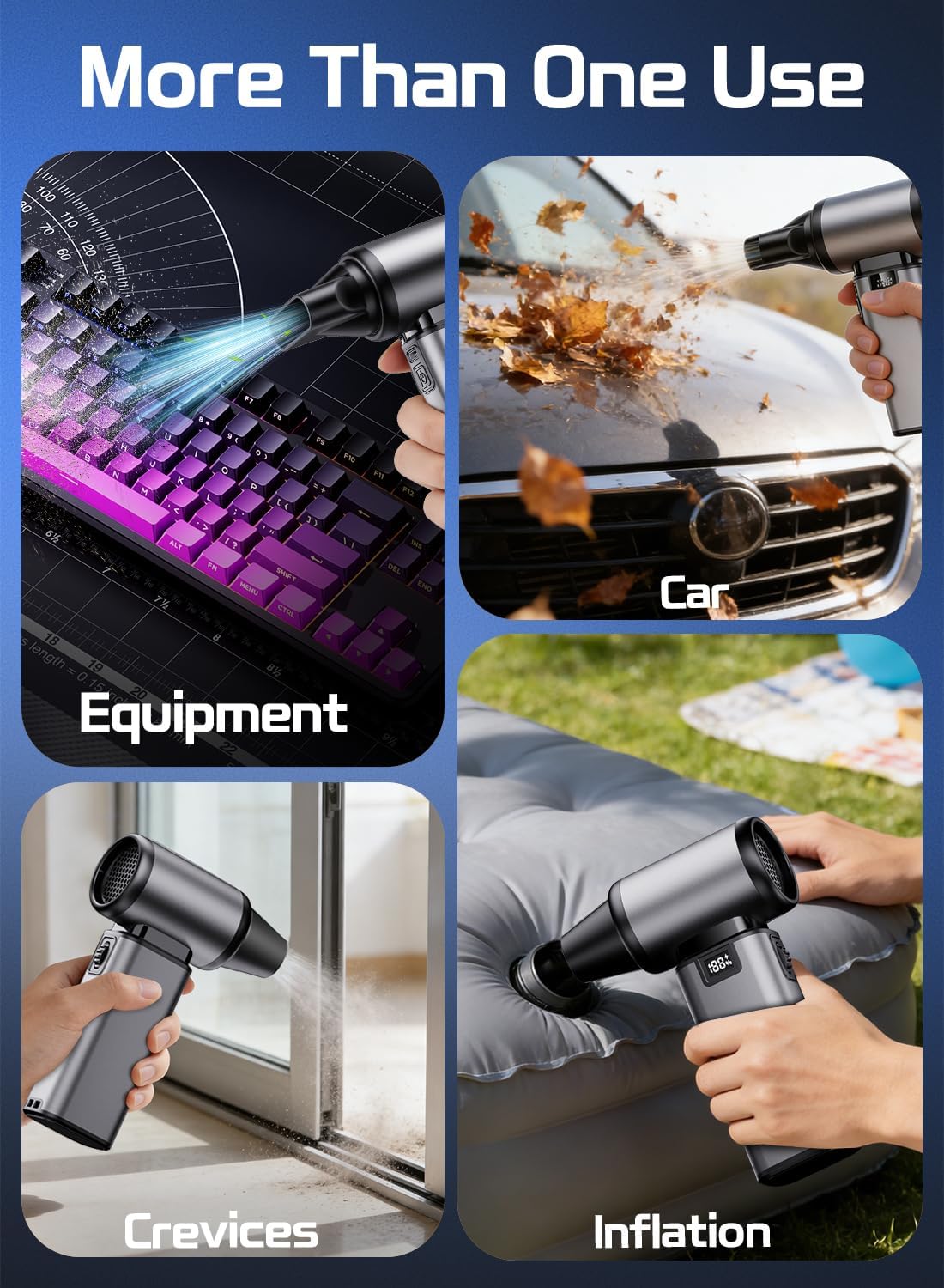 130000RPM Compressed Air Duster,Rechargerble with Brushless Motor | 5-Gear Adjustable,2.5H Fast Charge,3 Nozzles + 3 Brushes,54m/s Wind Speed,185g Wind Pressure，for Car and Keyboard