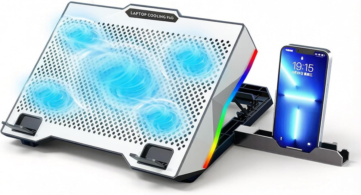 AFI Electronics Laptop Cooling Pad, 5 Quiet Fans Gaming Laptop Cooler for 11–17 Inch, RGB LED, LCD Display, 6 Fan Speeds, 8-Height Adjustable Stand, Dual USB Ports, Notebook Cooling Stand