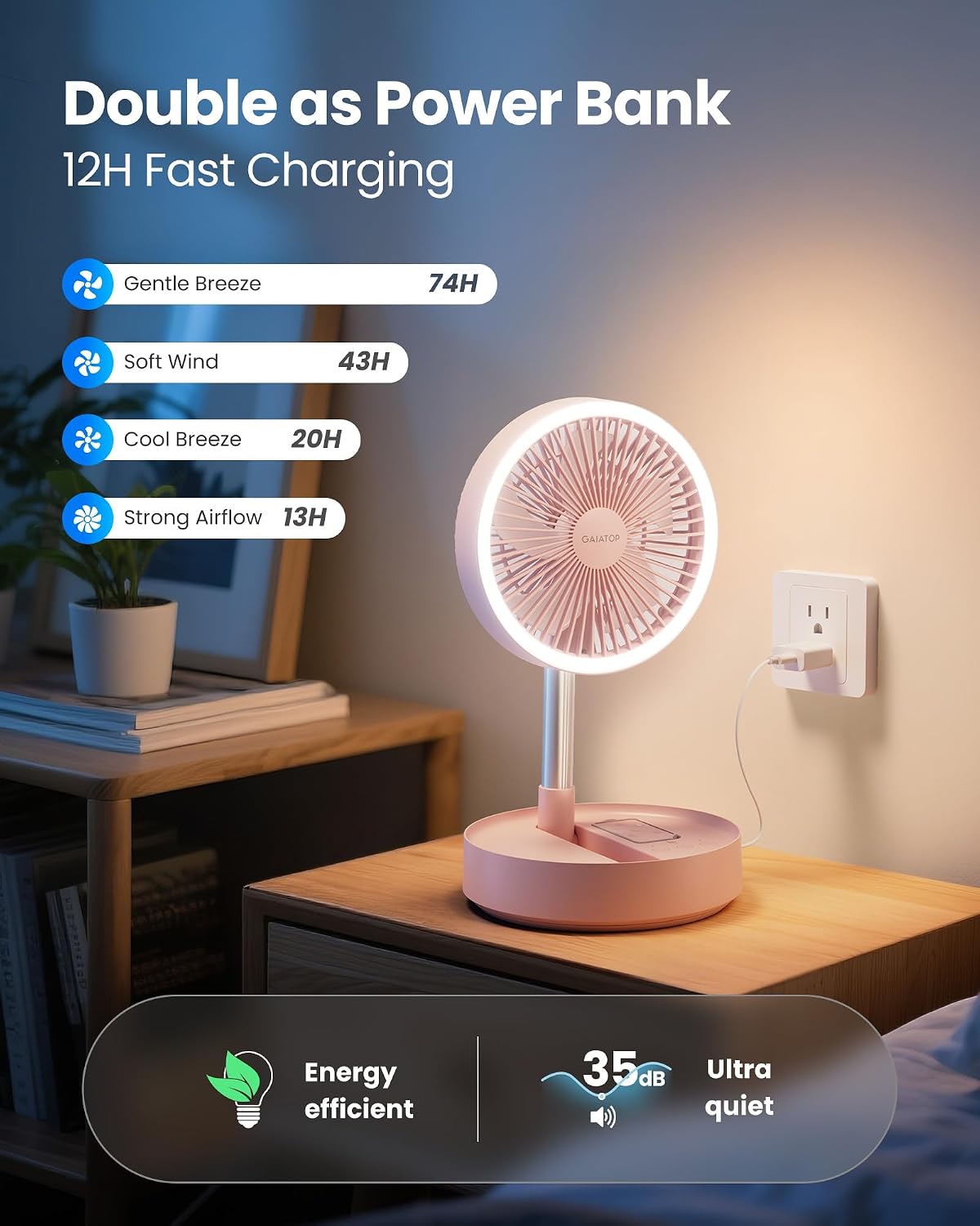 Gaiatop Portable Pedestal Fan 16000mAh Battery [Max 74h Runtime], Foldable Oscillating Standing Fan, Collapsible Desk Fans, LED Light, Case & Remote Control, 4 Speeds for Outdoor Travel Camping (Pink)
