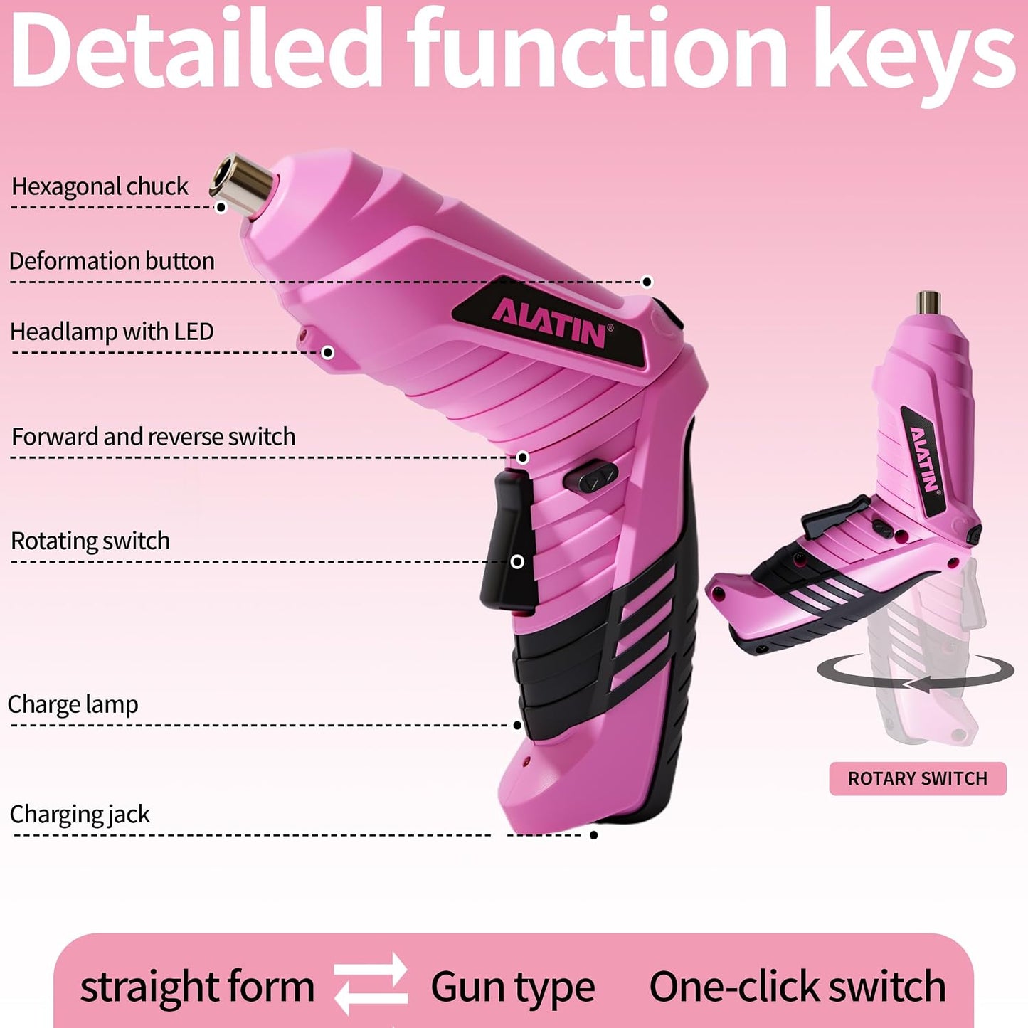 Pink Cordless Screwdriver Tool Set, 40-Piece Household Hand Tool Kit | With 3.7V Rechargeable Electric Screwdriver, Hammer, Pliers, Nails for Home Maintenance DIY Beginners