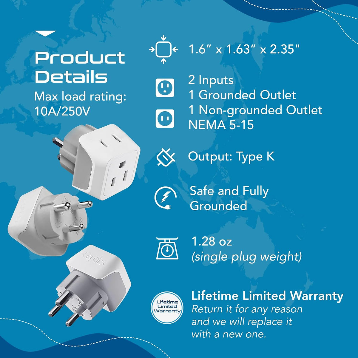 Ceptics Denmark Travel Adapter Plug with Dual Usa Input - Power - Type K (3 Pack) - Ultra Compact - Safe Grounded Perfect for Cell Phones, Laptops, Camera Chargers and More (CT-20)