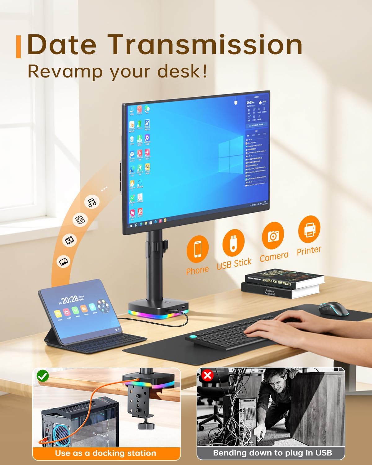 Afaloona RGB Monitor Stand with USB Hub for 13-27" Monitors, up to 17.6 lbs | Single monitor mount with 1 USB-C and 2 USB-A ports supports charging and data transfer for gaming desks and workstations